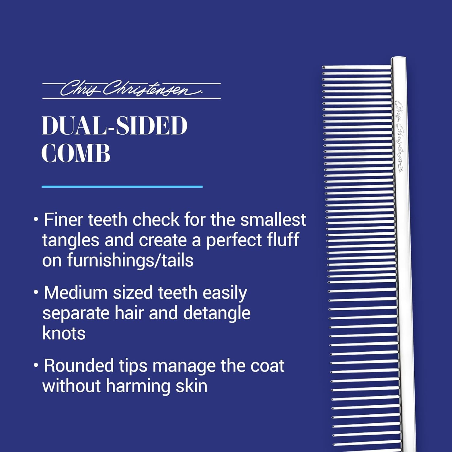 image:imageChris Christensen 000 75 in Greyhound Style FineCoarse Colored Butter Comb Groom Like a Professional Rounded Corners Prevent Friction and Breakage Solid Brass with Steel Teeth Chrome FinishMetallic