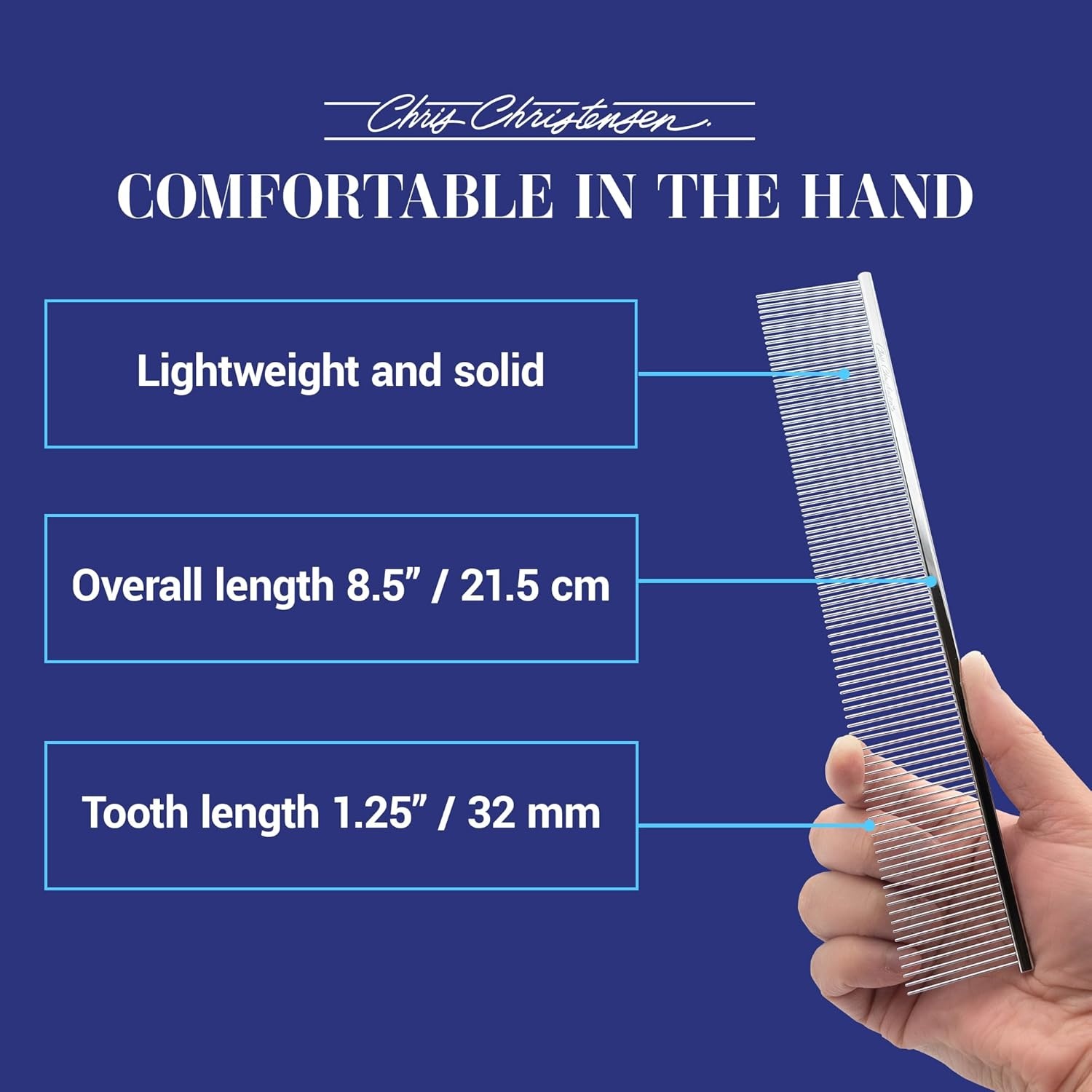 image:imageChris Christensen 000 75 in Greyhound Style FineCoarse Colored Butter Comb Groom Like a Professional Rounded Corners Prevent Friction and Breakage Solid Brass with Steel Teeth Chrome FinishMetallic