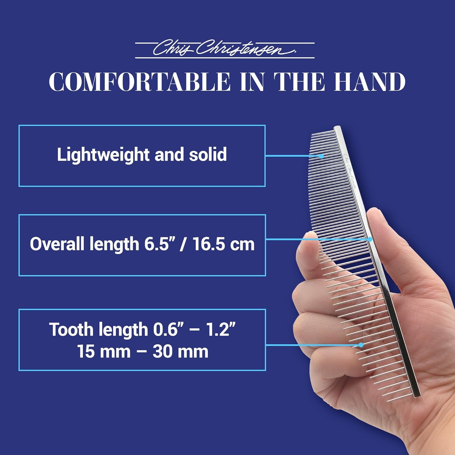 image:imageChris Christensen 000 75 in Greyhound Style FineCoarse Colored Butter Comb Groom Like a Professional Rounded Corners Prevent Friction and Breakage Solid Brass with Steel Teeth Chrome FinishMetallic