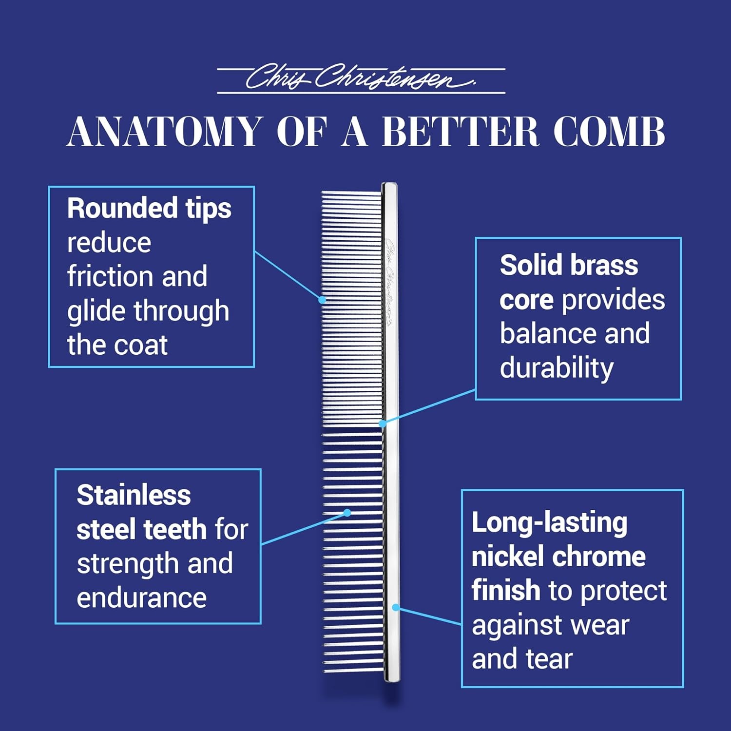 image:imageChris Christensen 000 75 in Greyhound Style FineCoarse Colored Butter Comb Groom Like a Professional Rounded Corners Prevent Friction and Breakage Solid Brass with Steel Teeth Chrome FinishMetallic