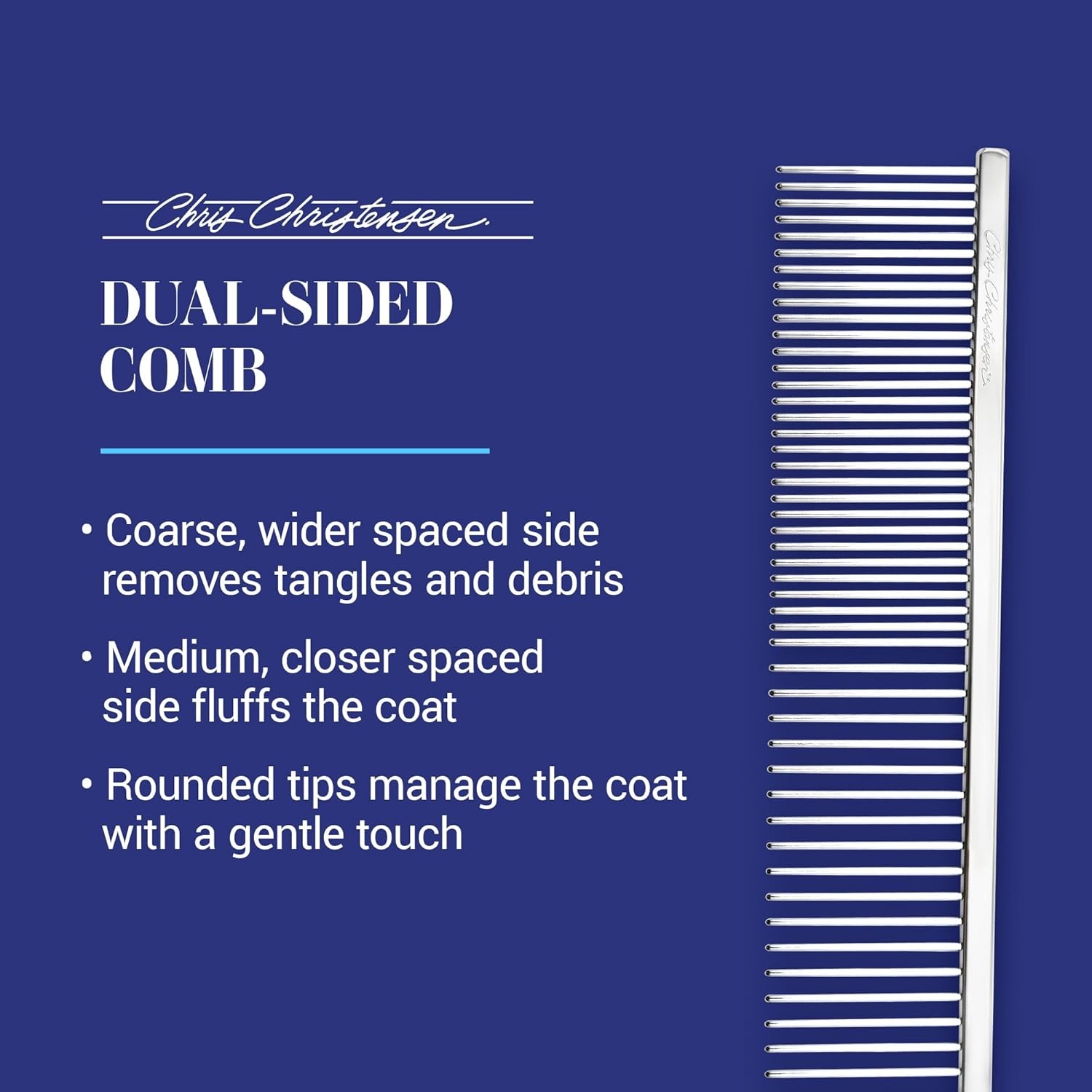 image:imageChris Christensen 000 75 in Greyhound Style FineCoarse Colored Butter Comb Groom Like a Professional Rounded Corners Prevent Friction and Breakage Solid Brass with Steel Teeth Chrome FinishMetallic
