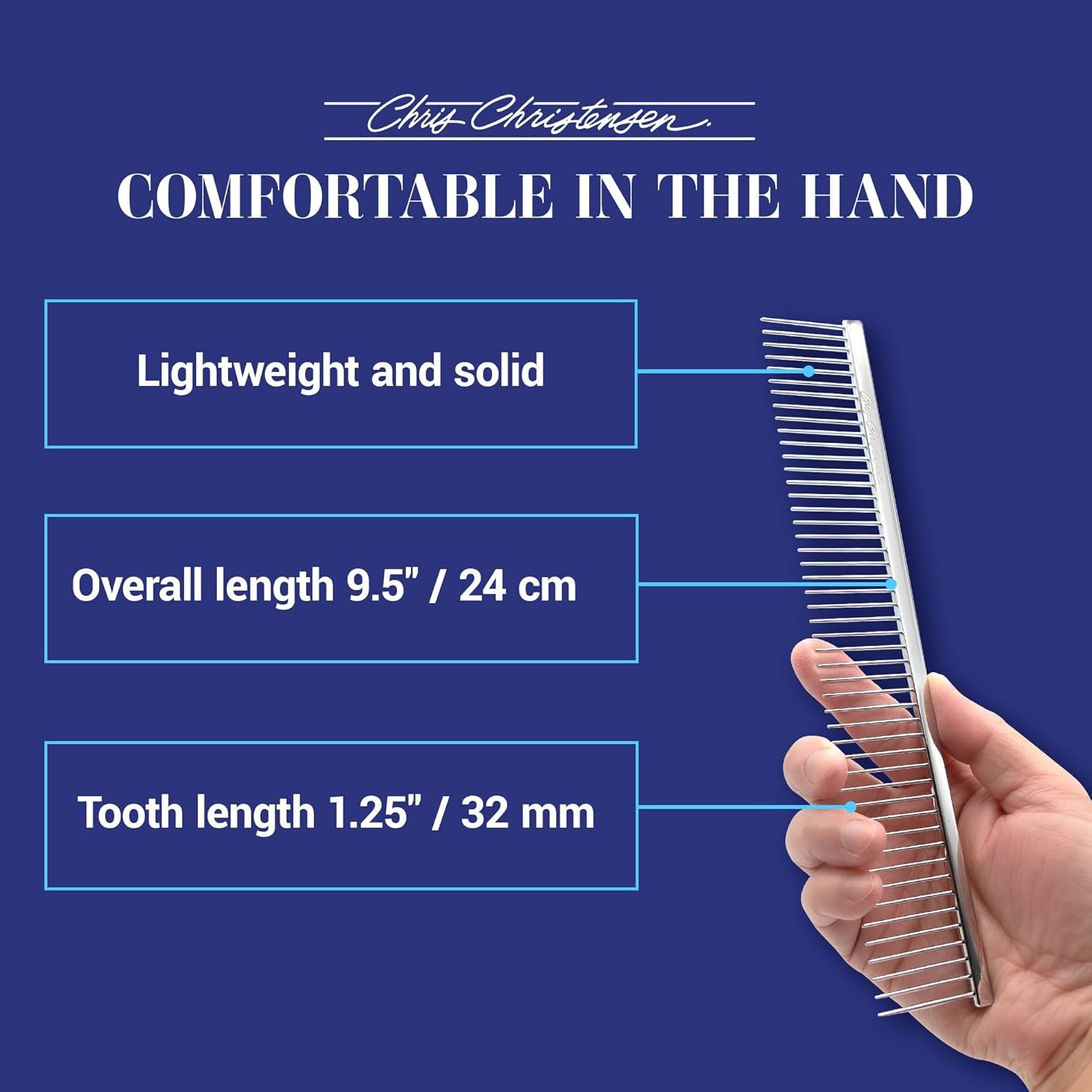image:imageChris Christensen 000 75 in Greyhound Style FineCoarse Colored Butter Comb Groom Like a Professional Rounded Corners Prevent Friction and Breakage Solid Brass with Steel Teeth Chrome FinishMetallic