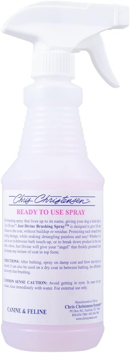 image:imageChris Christensen Just Divine Dog Brushing Spray Groom Like a Professional Prevents Brushing Damage Light Detangler Ready to Use All Coat Types Made in USA 16oz16 oz Spray