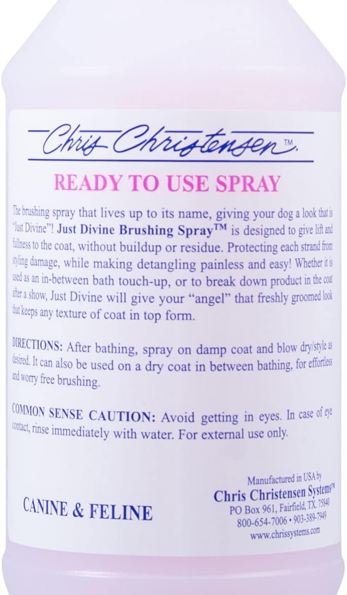 image:imageChris Christensen Just Divine Dog Brushing Spray Groom Like a Professional Prevents Brushing Damage Light Detangler Ready to Use All Coat Types Made in USA 16oz16 oz Spray