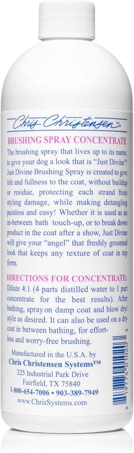 image:imageChris Christensen Just Divine Dog Brushing Spray Groom Like a Professional Prevents Brushing Damage Light Detangler Ready to Use All Coat Types Made in USA 16oz16 oz Concentrate