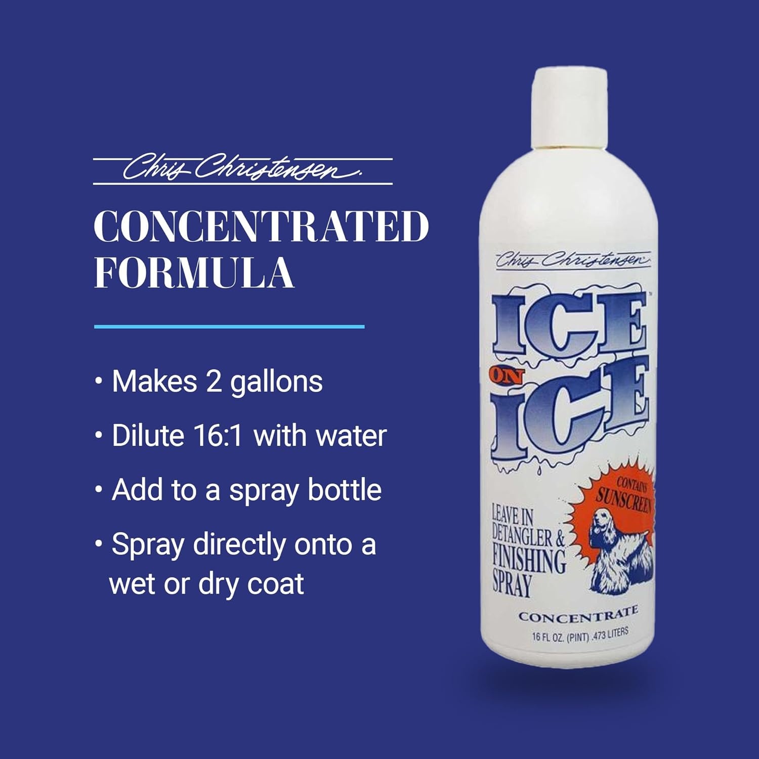 image:imageChris Christensen Ice on Ice Detangler and Finishing Dog Spray Concentrated Formula Makes 2 Gallons Helps BrushComb Glide Through Coat Conditions No Residue All Coat Types Made in USA 16 oz