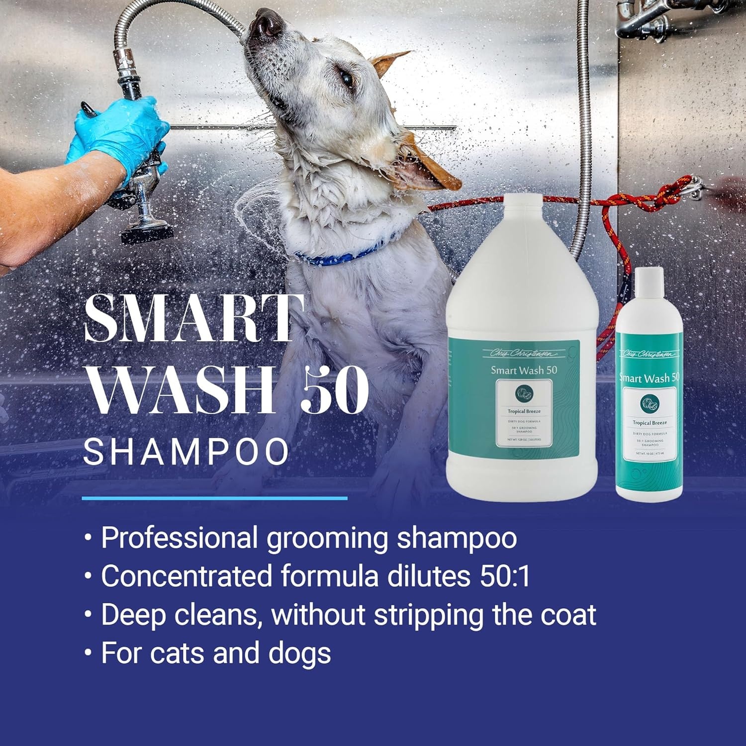image:imageChris Christensen Smartwash50 Hydrating Blend Ultra Concentrated Dog Shampoo Makes Up to 50 Bottles Groom Like A Professional Delightfully Fragranced Suitable for All Coats Made in USA 16 OzTropical Breeze 1 Gallon