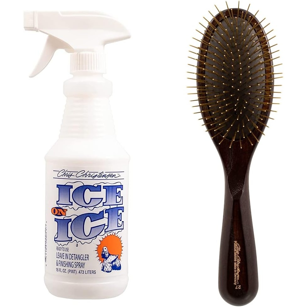 image:imageChris Christensen Detangle and Finishing Spray Dog Brush Bundle Ice on Ice Detangler amp Finishing Spray Adds Elasticity amp Strength 27mm Oval Fusion Series Pin Brush Brass Pins