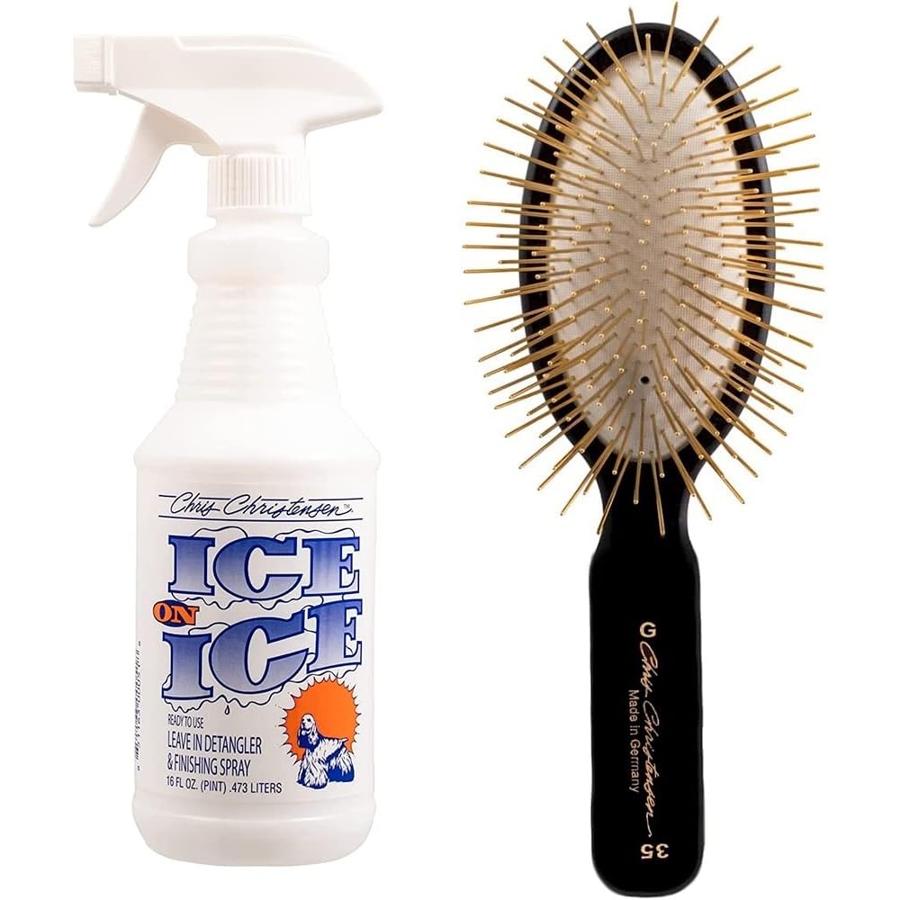 image:imageChris Christensen Detangle and Finishing Spray Dog Brush Bundle Ice on Ice Detangler amp Finishing Spray Adds Elasticity amp Strength 35mm Oval Gold Series Pin Brush Gold Platted Pins
