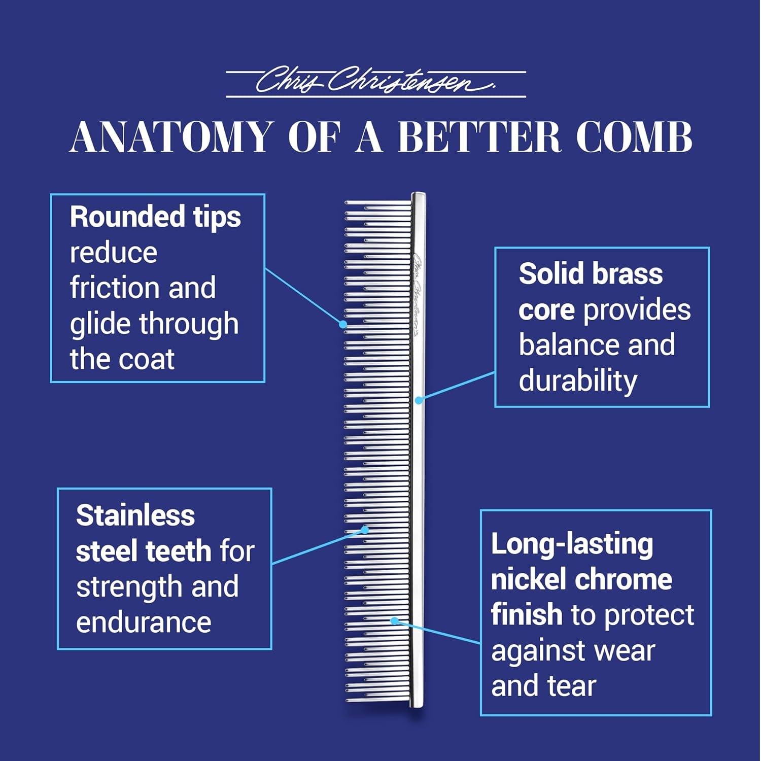 image:imageChris Christensen 6in CatCarding Dual Tooth Butter Comb Groom Like a Professional Rounded Corners Prevent Friction and Breakage Solid Brass Spin with Steel Teeth Chrome Finish