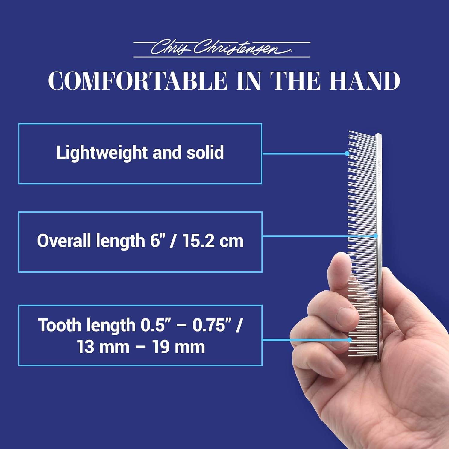 image:imageChris Christensen 6in CatCarding Dual Tooth Butter Comb Groom Like a Professional Rounded Corners Prevent Friction and Breakage Solid Brass Spin with Steel Teeth Chrome Finish