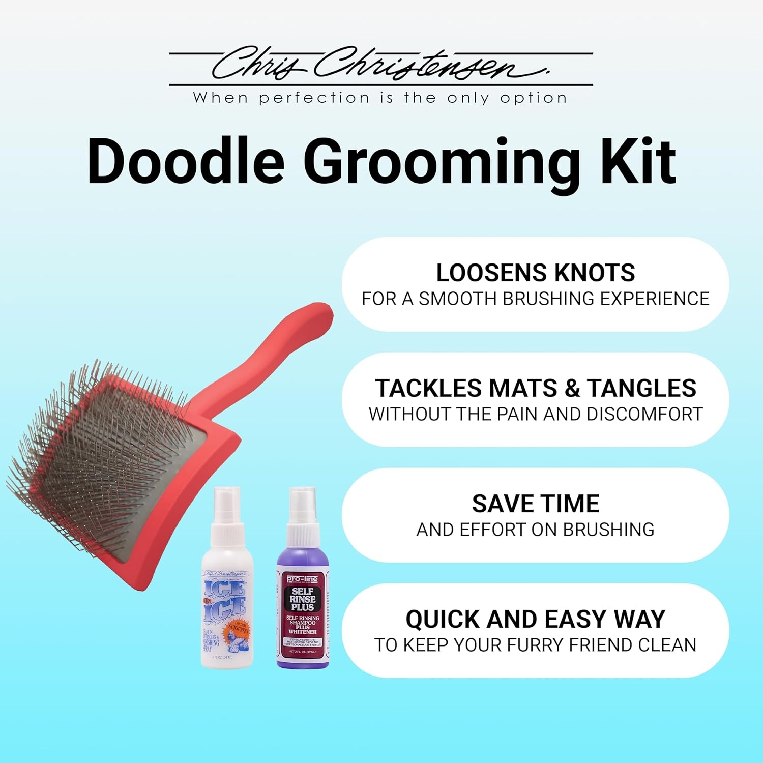 image:imageChris Christensen Grooming Kit for Goldendoodles Labradoodles Poodles with Big G Dog Slicker Brush Ice on Ice Detangling Spray Pro Line Self Rinse Plus Spray