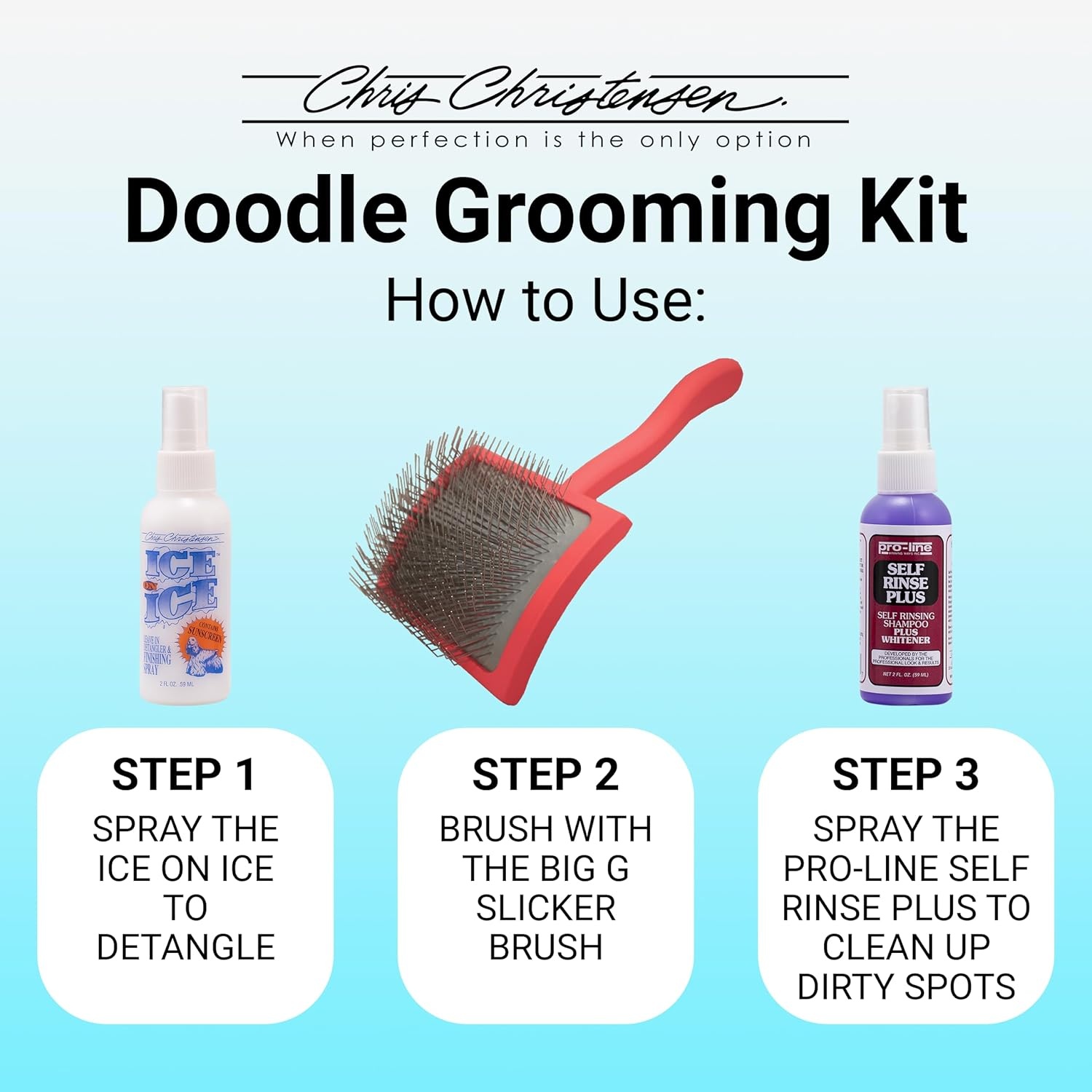 image:imageChris Christensen Grooming Kit for Goldendoodles Labradoodles Poodles with Big G Dog Slicker Brush Ice on Ice Detangling Spray Pro Line Self Rinse Plus Spray