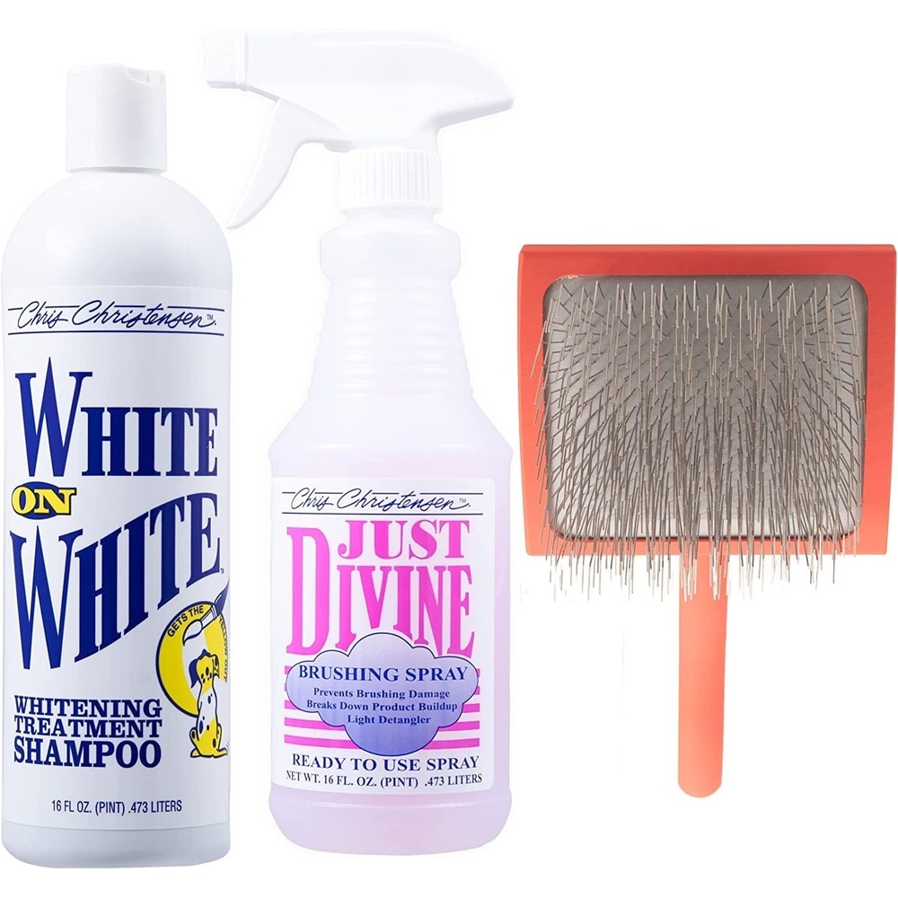 image:imageChris Christensen Shampoo amp Brush Bundle White on White Whitening Treatment Shampoo 16 oz Just Divine Brushing Spray 16 oz Big G Slicker Brush Groom Like a Professional Made in USA