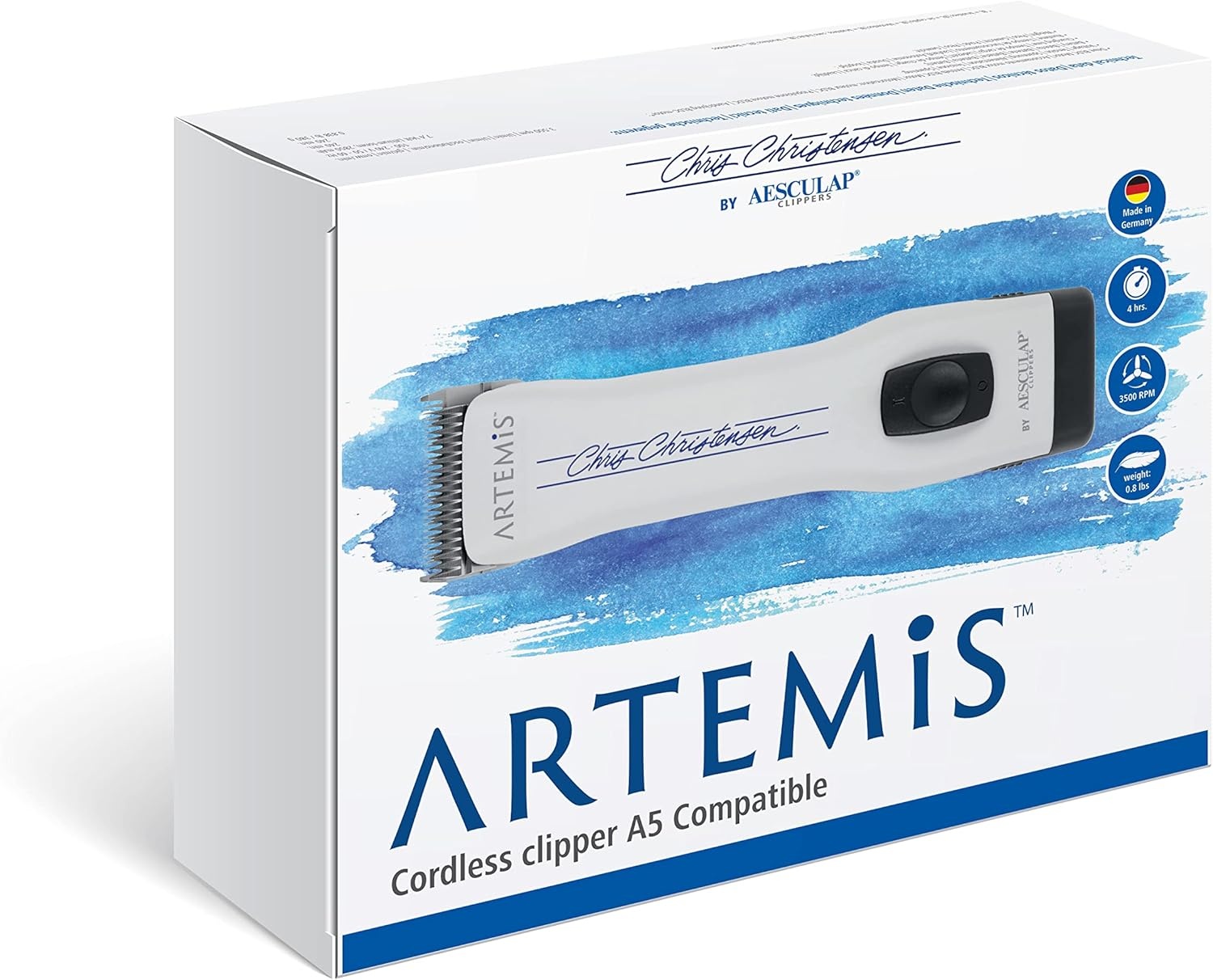 image:imageChris Christensen Artemis Dog Clipper Cordless Grooming 10 Blade Runs Quiet 63 db Lightweight 084 lbs 4Hours Run Time Lithuim Ion Battery Made in Germany White