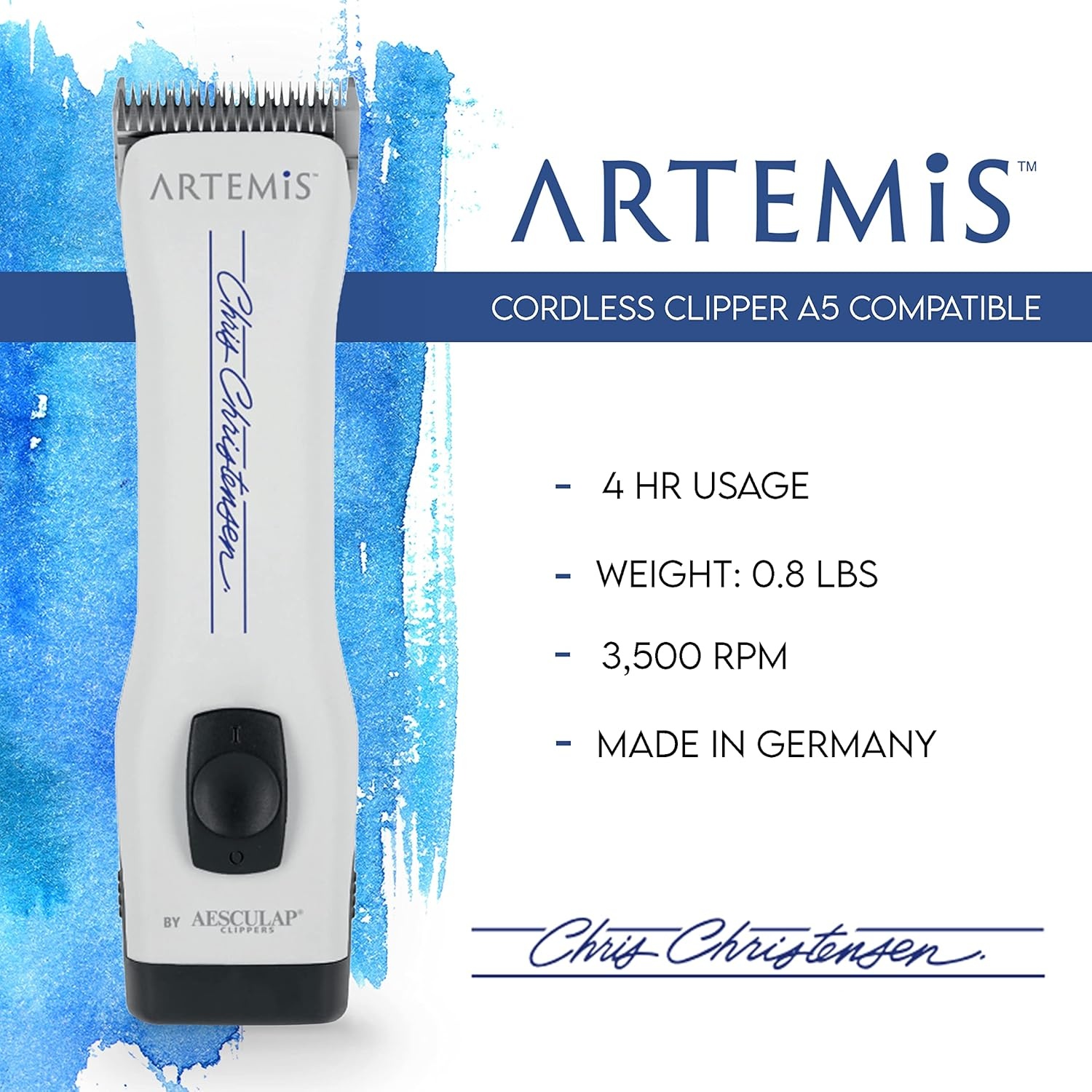 image:imageChris Christensen Artemis Dog Clipper Cordless Grooming 10 Blade Runs Quiet 63 db Lightweight 084 lbs 4Hours Run Time Lithuim Ion Battery Made in Germany White