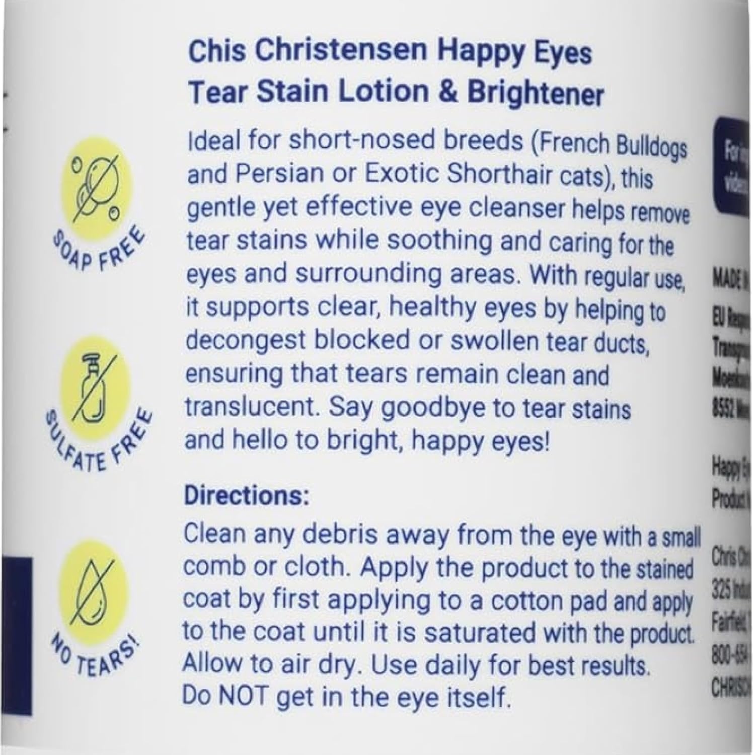 image:imageChris Christensen Happy Eyes Tear Stain Remover Lotion amp Brightener Tear Stain Remover for Short Nosed Dogs French Bulldogs Dogs and Cats Made in USA 85oz